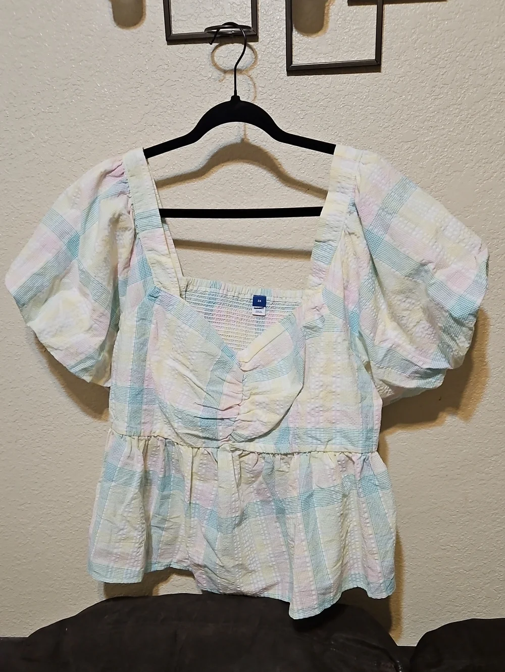 Old Navy Pastel Plaid Peplum Top in Yellow, Pink, Mint & Light Blue